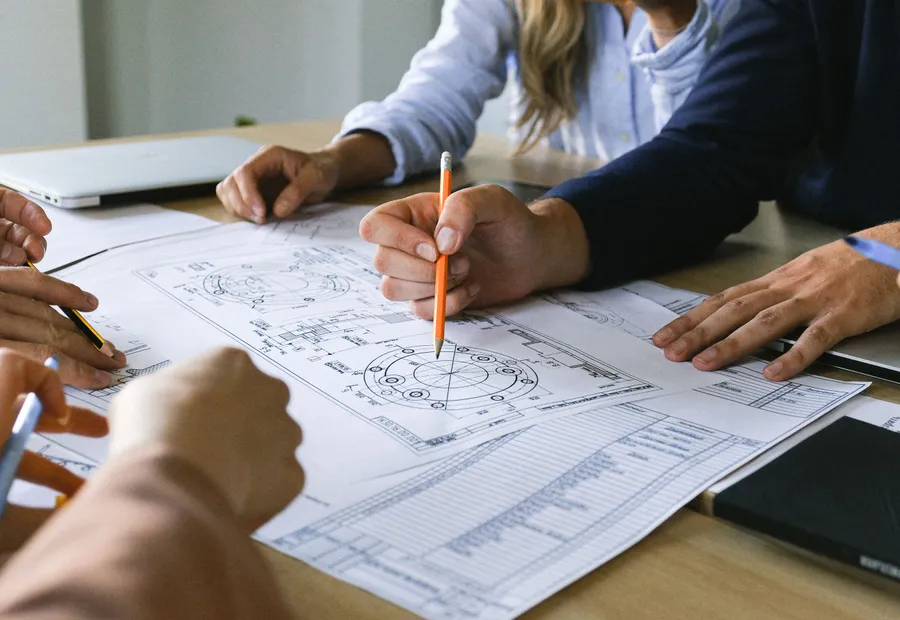 Detalle técnico de un plano de ingeniería sobre la mesa de trabajo